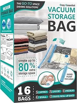 Cozy Essential Vacuum Storage Bags, Compression Space Saver Bags for Clothes, Comforters, Blankets, Pillow, Bedding, Sealer Clothing Storage,16 Combo