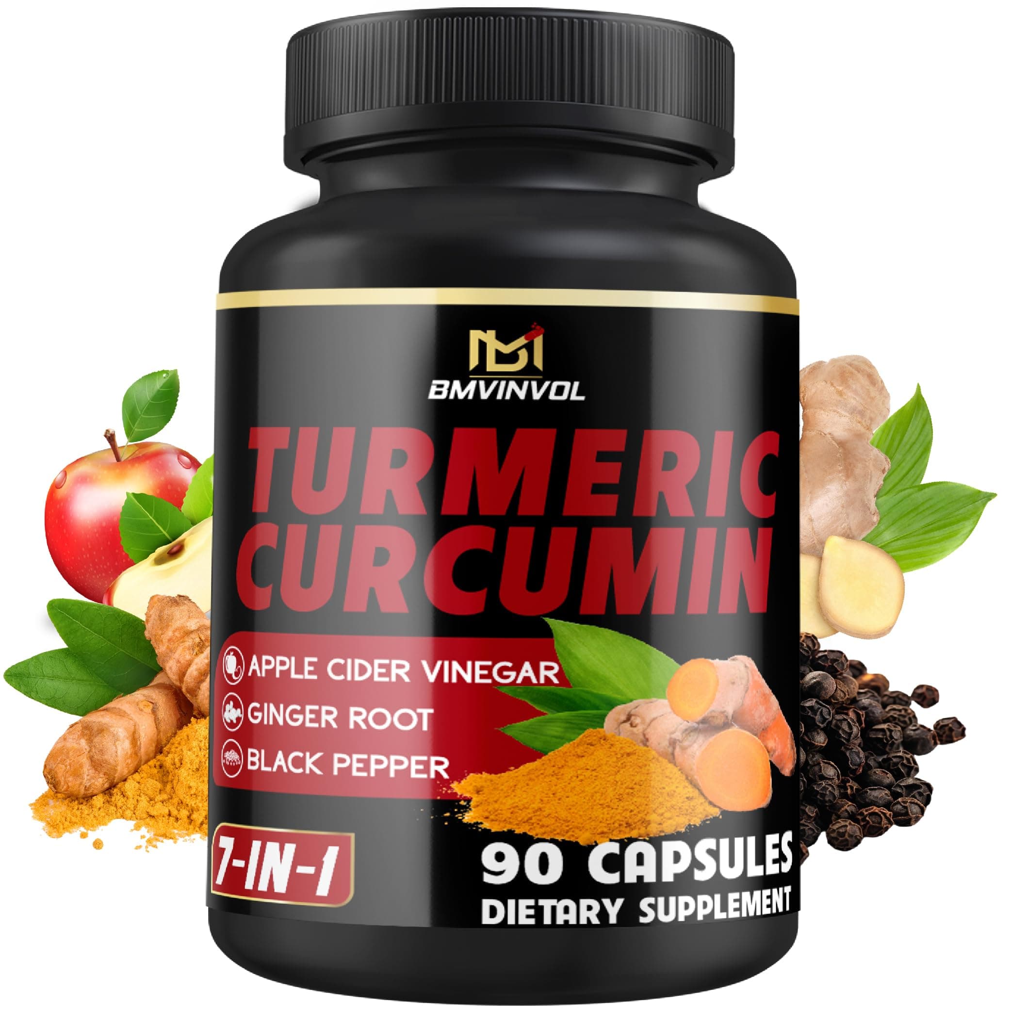 Turmeric Curcumin Supplement - 95% Curcuminoids with Ginger, Apple Cider Vinegar, Black Pepper - 90 Count - 3 Month Supply