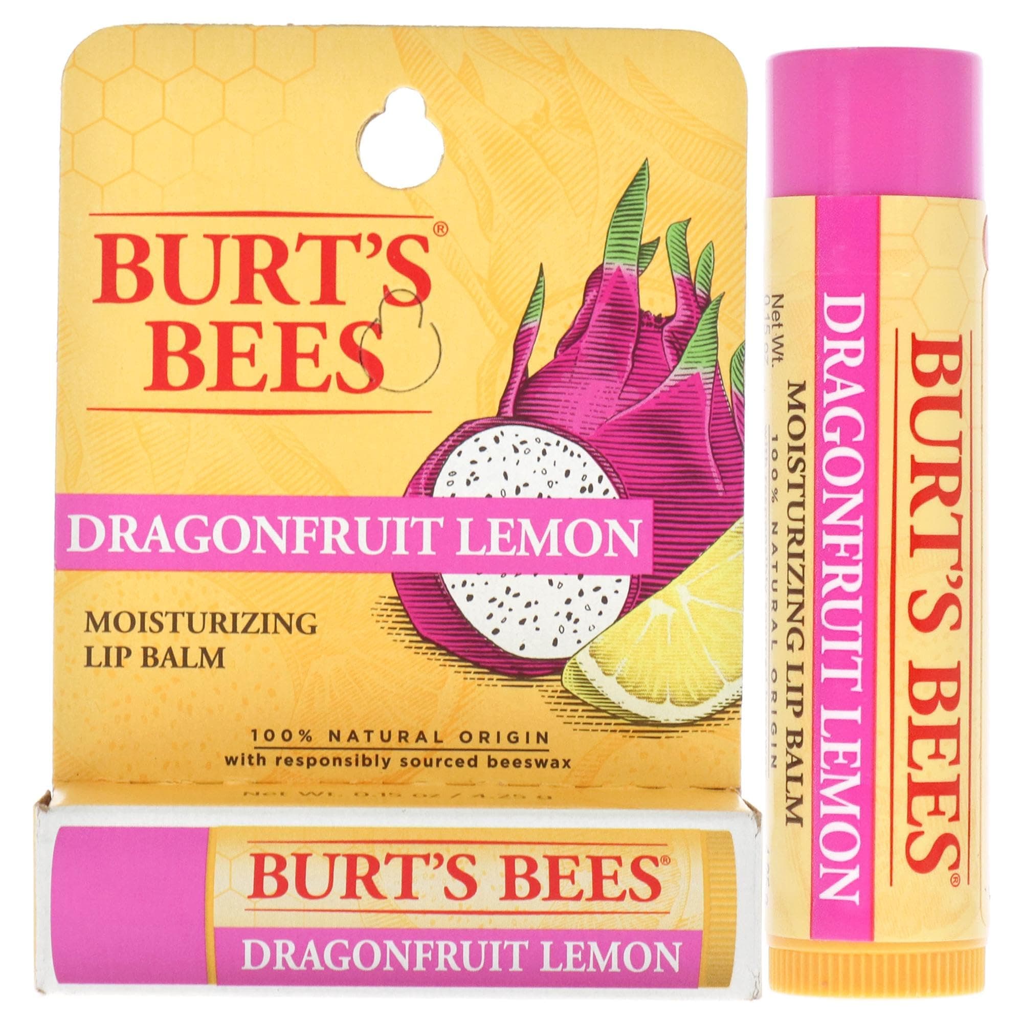 Burts Bees Dragonfruit Lemon Moisturizing Lip Balm for Unisex 0.15 oz Lip Balm, Yellow
