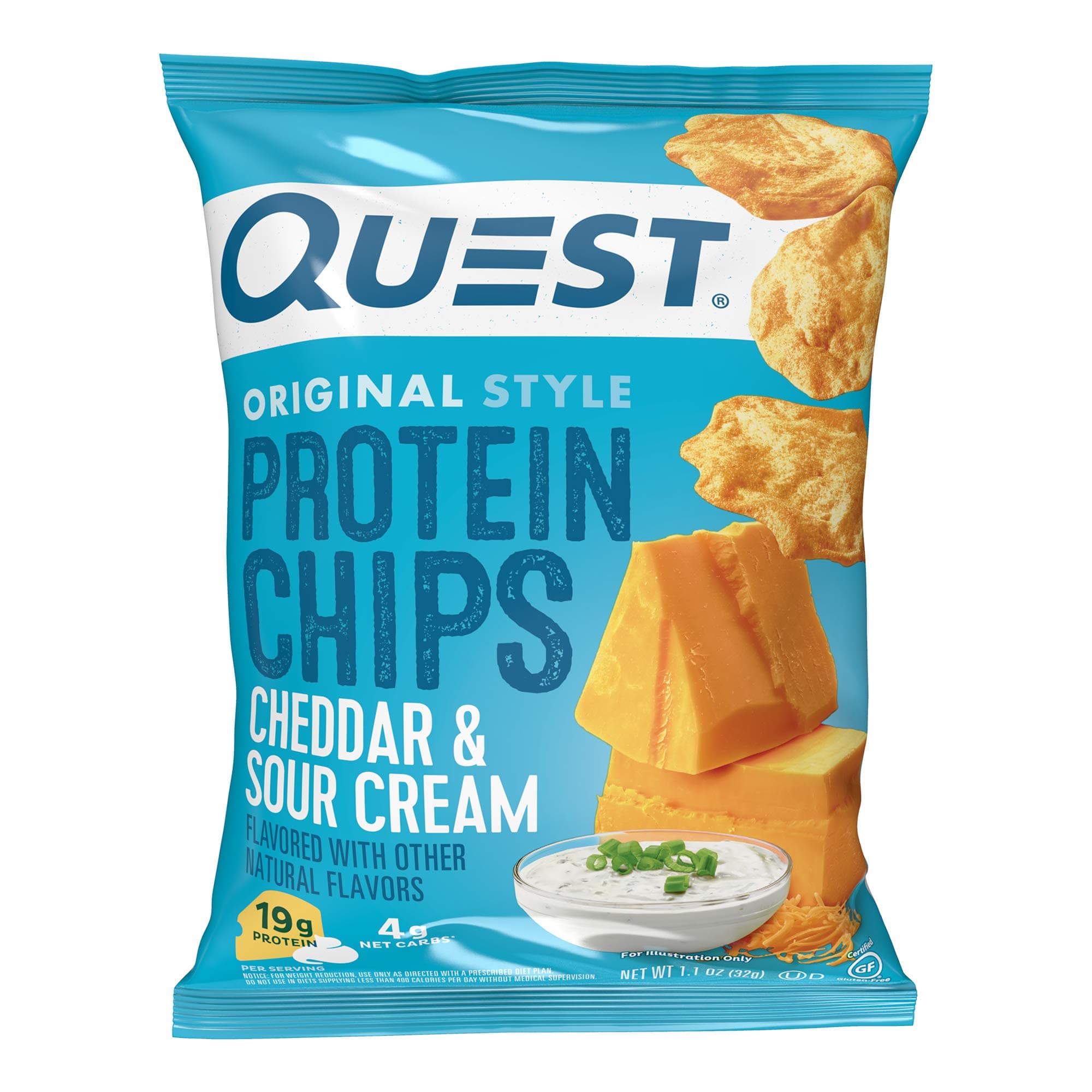 Nutrition Cheddar & Sour Cream Protein Chips, 19g Protein, 4g Net Carbs, Low Carb, Gluten Free, 1.1 oz (Pack of 12)