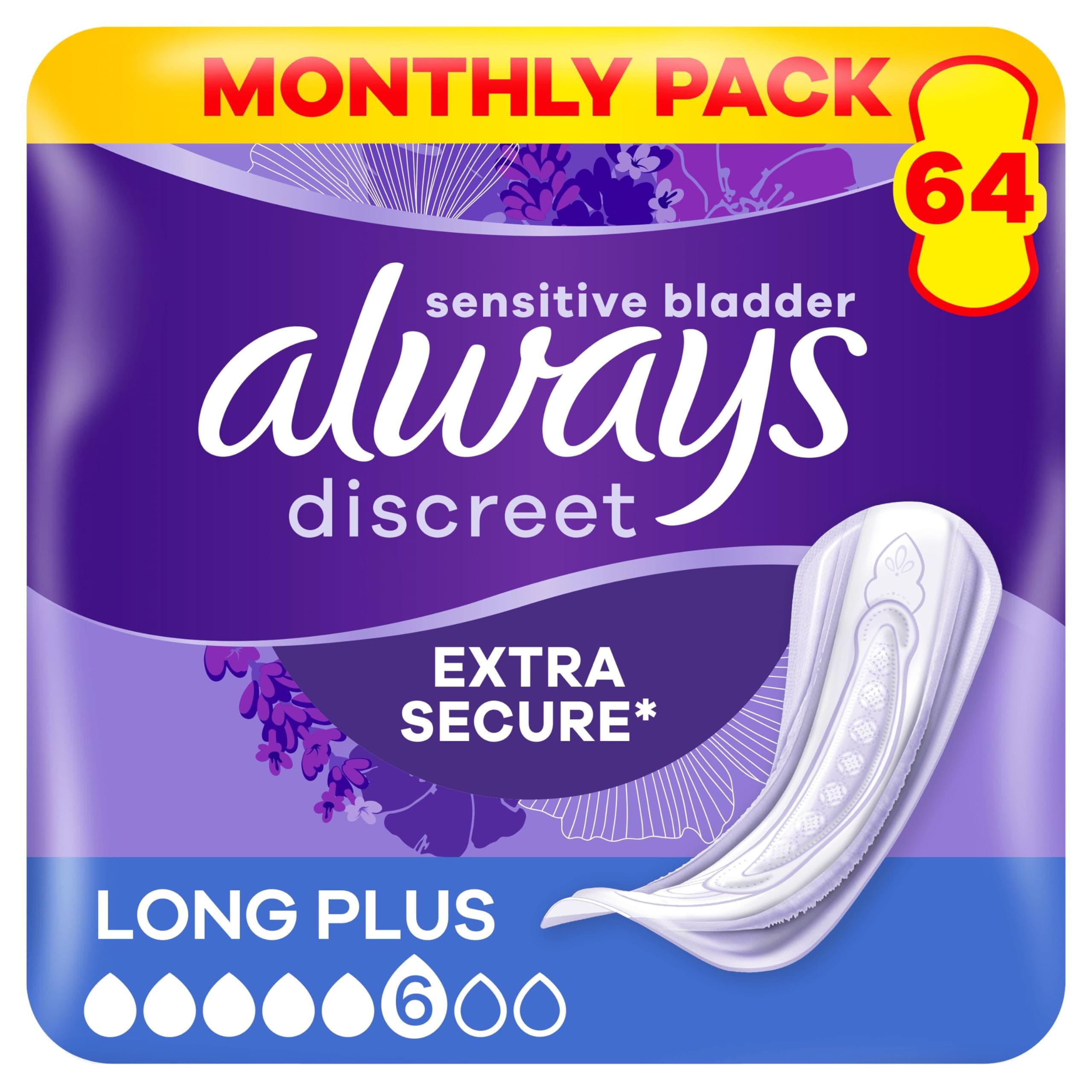 Always Discreet Long Plus Incontinence Pads 64 Pads (4 x 16 Pieces) Monthly Pack, Discreet Protection & High Absorbency, Odour-Neutralising (Packaging May Vary)