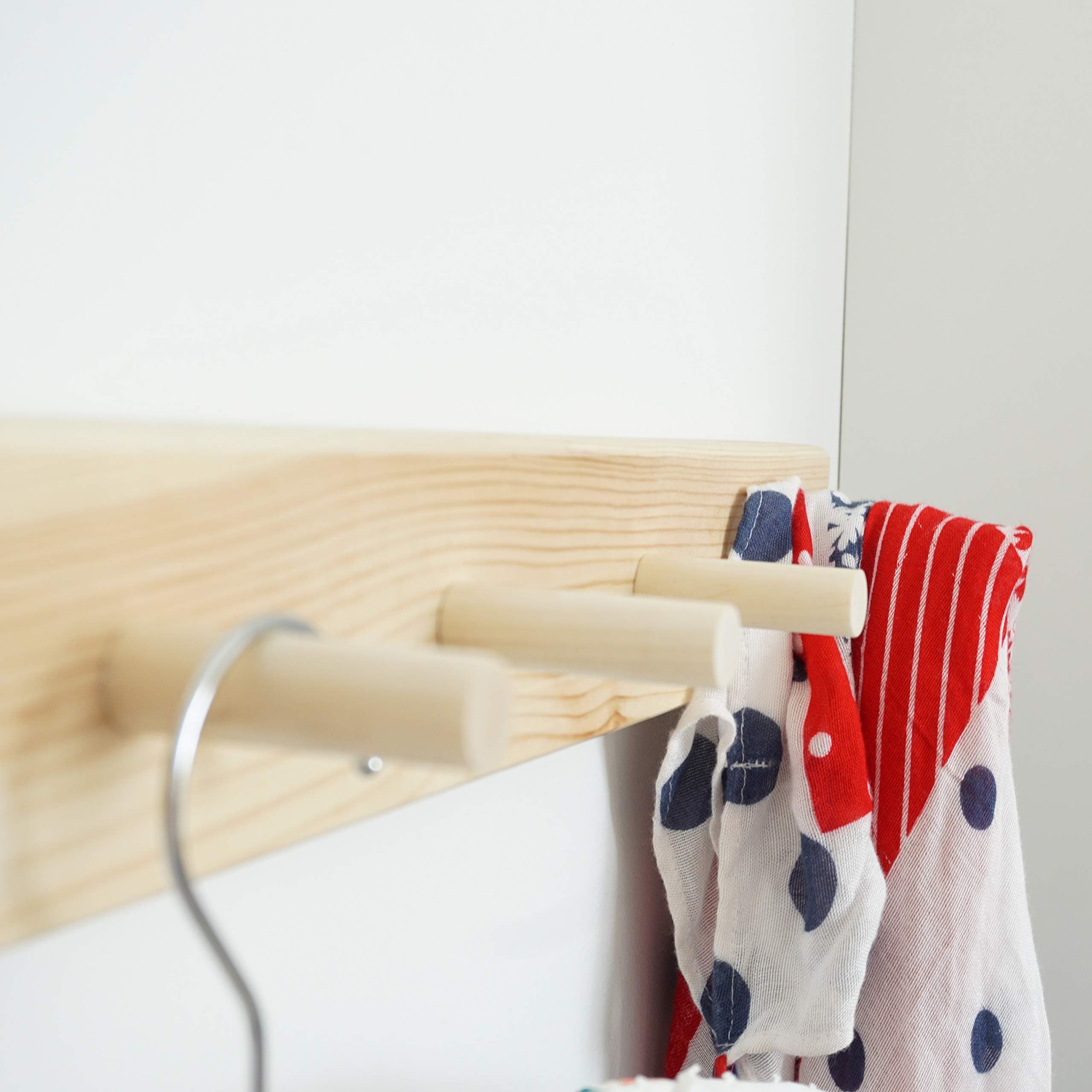 MINICAMP 7 Peg Wooden Coat Hooks - Wall Mounted Coat Rack - 31 Inch Long Natural Wood Peg Rail - Clothes Hats Hanger Organizer for Modern Home