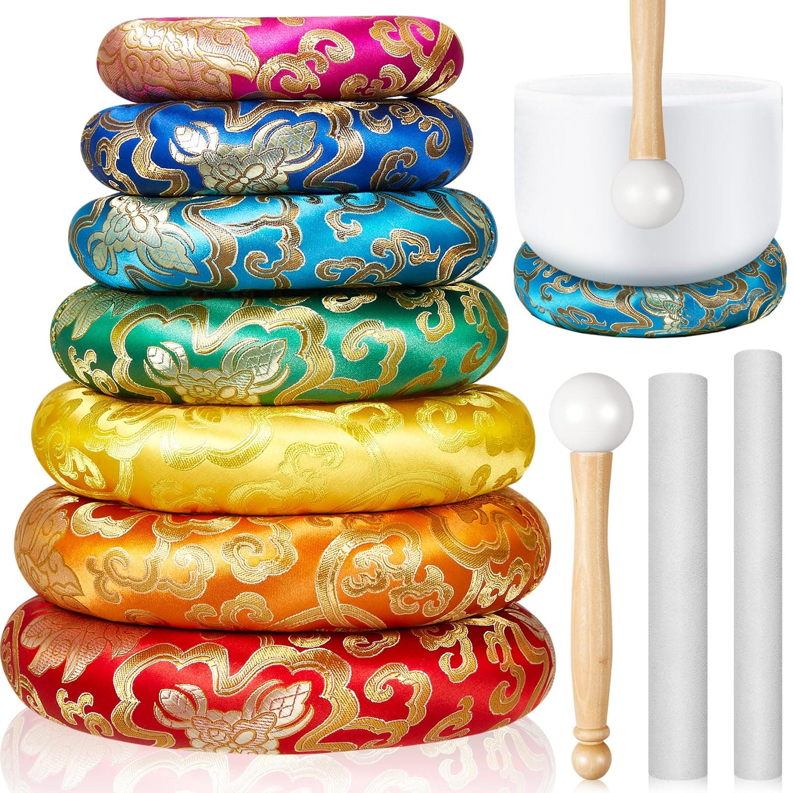 10 Pcs Singing Bowl Cushion Set 7 Silk Cloth O Ring with 3 Crystal Singing Bowl Mallet Include Solid and Hollow Stick Wood Handle Rubber Mallet for 6-12" Tibetan Sound Meditation(Rainbow)