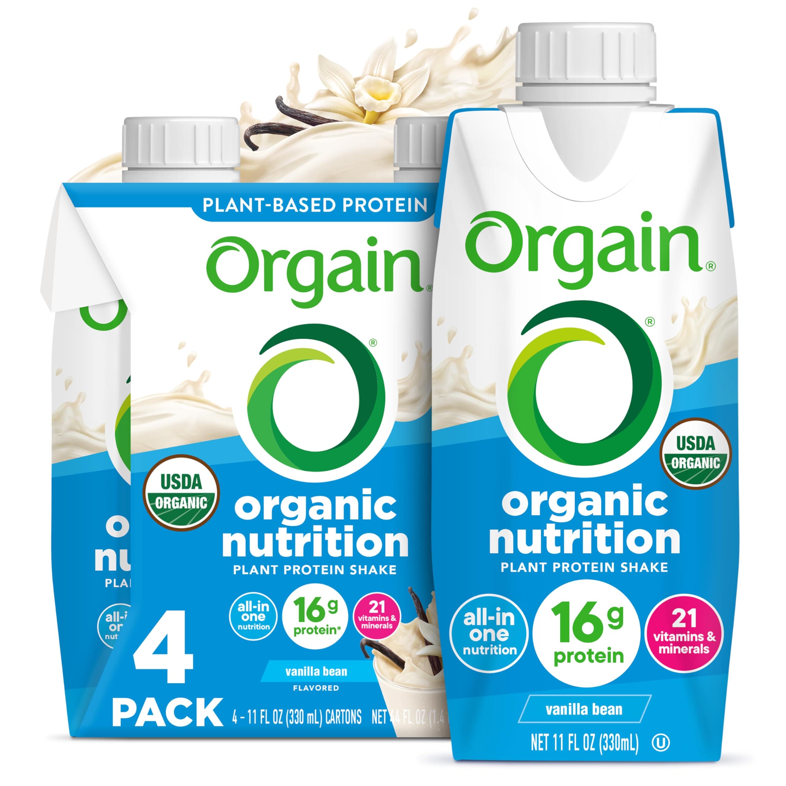 Orgain Organic Nutritional Vegan Protein Shake, Vanilla Bean - 16g Plant Based Protein, Meal Replacement, 21 Vitamins & Minerals, Fruits & Vegetables, Gluten Free, Non-GMO, 11 Fl Oz (Pack of 4)
