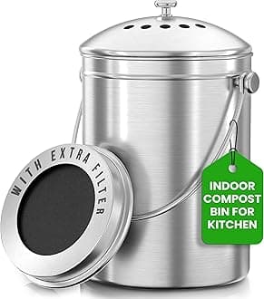 Utopia Kitchen Compost Bin for Kitchen Countertop - 1.3 Gallon Compost Bucket for Kitchen with Lid - Includes 1 Spare Charcoal Filter (Silver)