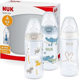 First Choice+ Baby Bottles Set | 0-6 Months | Temperature Control | Anti Colic Vent | 300 ml | BPA-Free | Silicone Teat | 3 Count | Safari