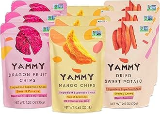 Yammy Dried Fruit Snack (Variety 9-Pack) - No Sugar Added 1 Ingredient Healthy Snacks for Adults & Kids - Sweet Potato Sticks, Freeze Dry Mango & Dragon Fruit Chips - Gluten Free Vegan Individual