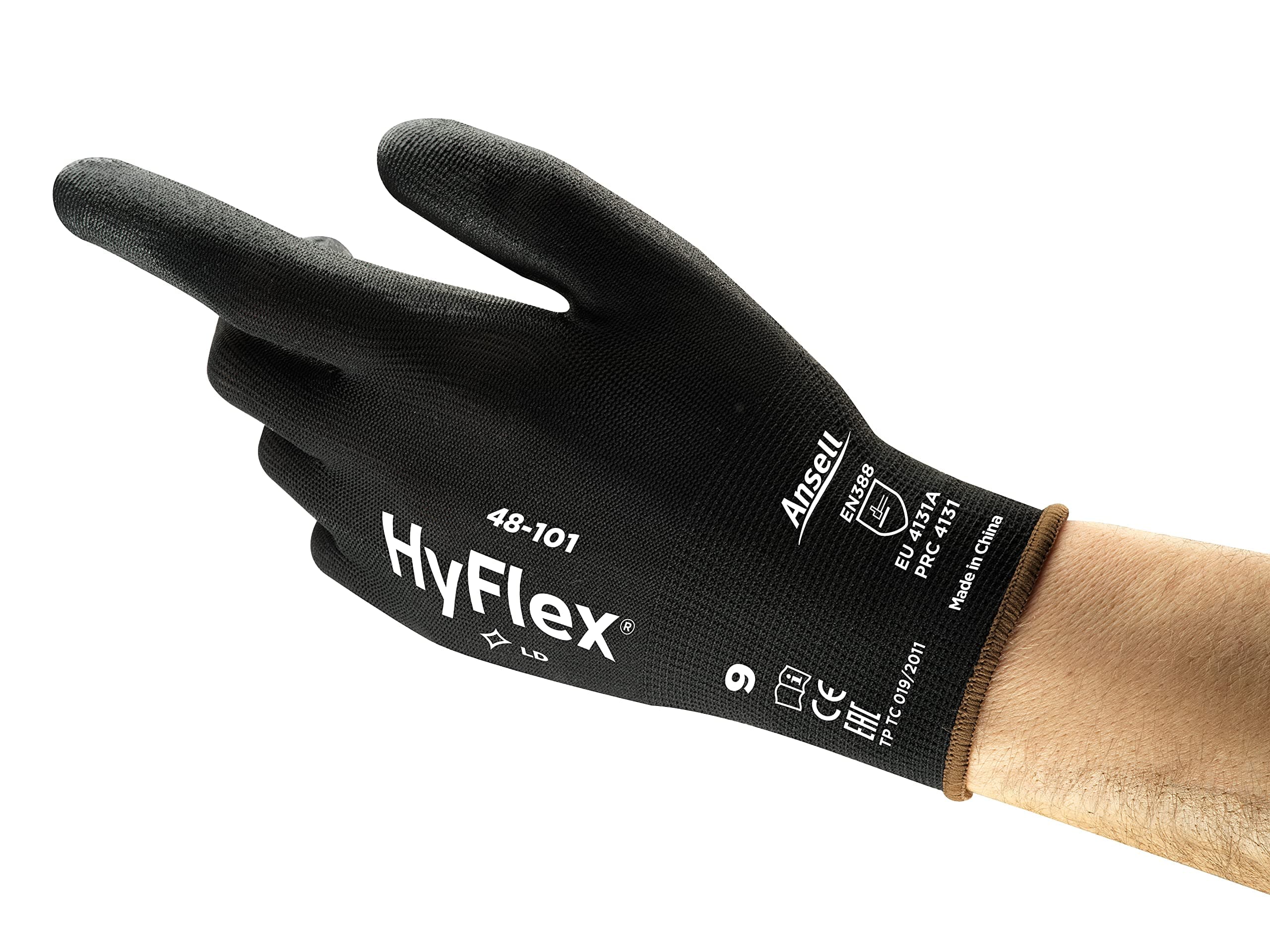 Ansell HyFlex 48-101 PPE Gloves, Lightweight PU Coated Protective Gloves, Durable Safety Gloves with Enhanced Tactility, Black Nylon Liner, Work Gloves X-Small for Precision Handling, 12 Pairs