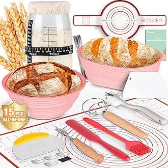Complete Sourdough Starter Kit - 35oz Jar & 15pc All-In-One Baking Supplies, Including 2 Silicone Baskets, Baking Mat & More (Pink)
