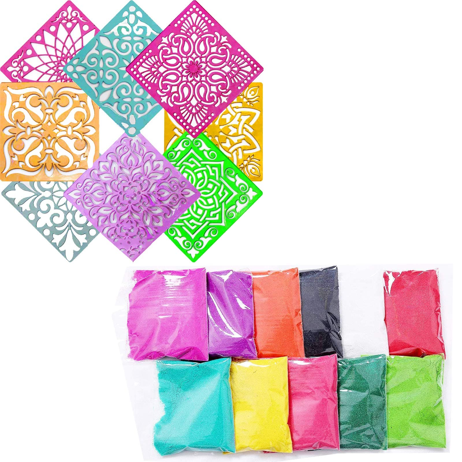 Ascension Rangoli kit 10 Multicolour Rangoli Powder 80g Each Pack with 12 Multi Design Stencils 8x8 Ceramic Colours Rangoli Colours Rangoli Making Kit for Floor Diwali Navratri Pongal Pooja Mandir