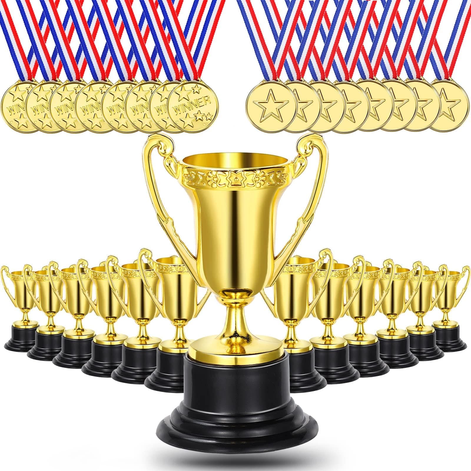 ELECDON 24Pcs Kids Mini Gold Awards Trophy Includes Gold Small Plastic Trophy Cup 3.34'' and Winner Medals 1.4'' for Party Favors School Sports Events Prize Competition, Golden