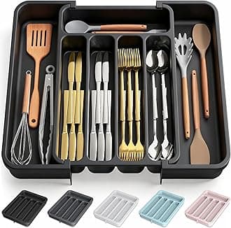 Silverware Organizer - Expandable Kitchen Drawer Organizer, Adjustable Utensil Organizer, Cutlery Tray for Forks, Knives, Multipurpose Kitchen Organizers and Storage Solution, Black, Medium