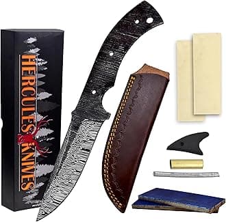 Custom Hand Forged Damascus Steel Blank Blade Knife Making Kit Hunting Knife Leather sheath, Pin, Scale, Camping Blade Damascus Blade Billet Handmade Knives Making Supply (BK-K)