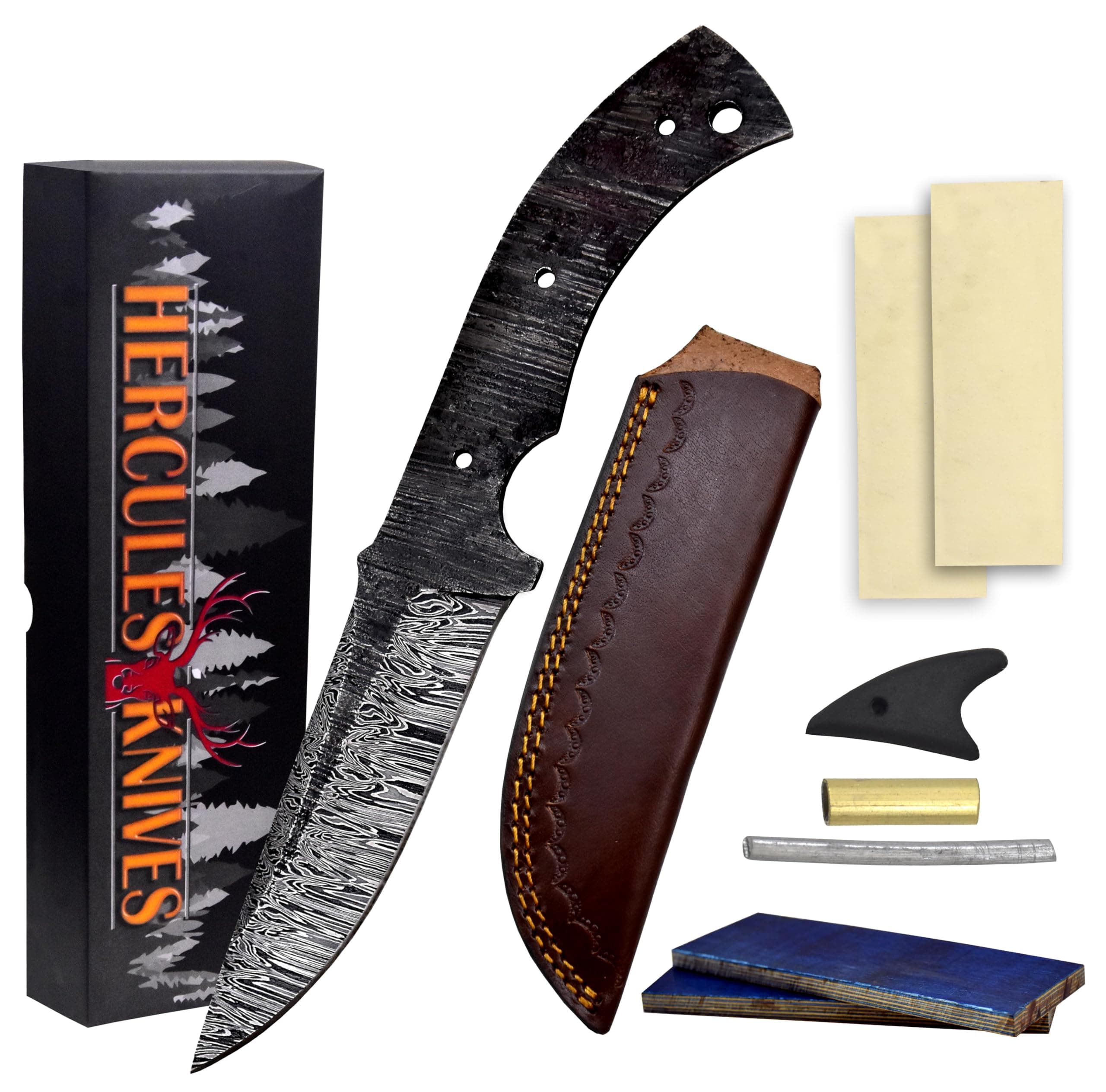 Custom Hand Forged Damascus Steel Blank Blade Knife Making Kit Hunting Knife Leather sheath, Pin, Scale, Camping Blade Damascus Blade Billet Handmade Knives Making Supply (BK-K)