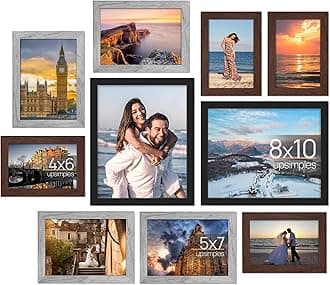 10 Pack Picture Frames Collage Wall Decor for Mounting or Tabletop Display, Photo Gallery Frame Set for Family, Multi Sizes Including 8x10, 5x7, 4x6, Black Gray Brown