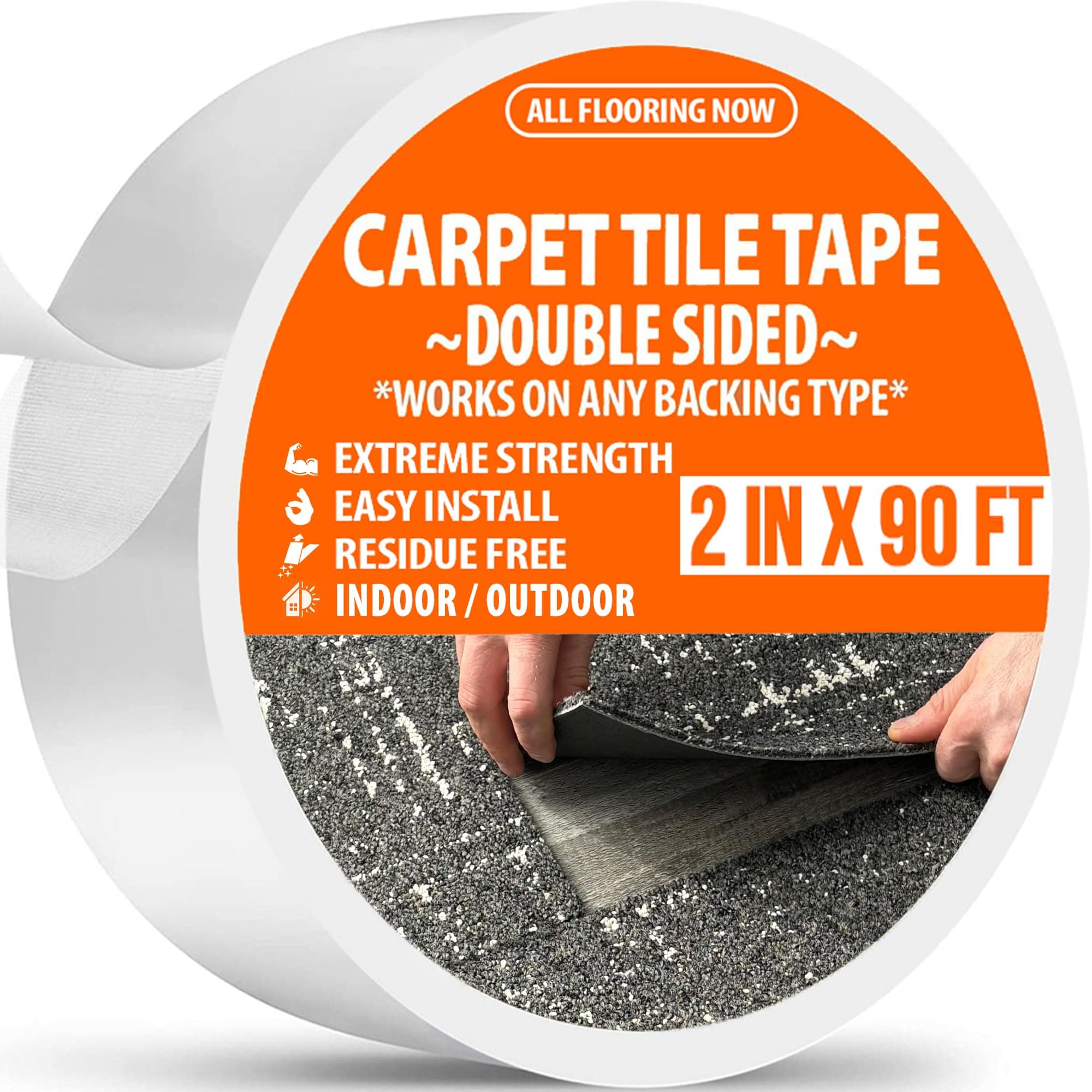 Carpet Tile Tape Double Sided Extreme Strength Commercial Quality 2" x 90 Yards Flooring Adhesive Works on Any Backing Rugs Vinyl Laminate Rubber Lawn Sports Mat Floor White