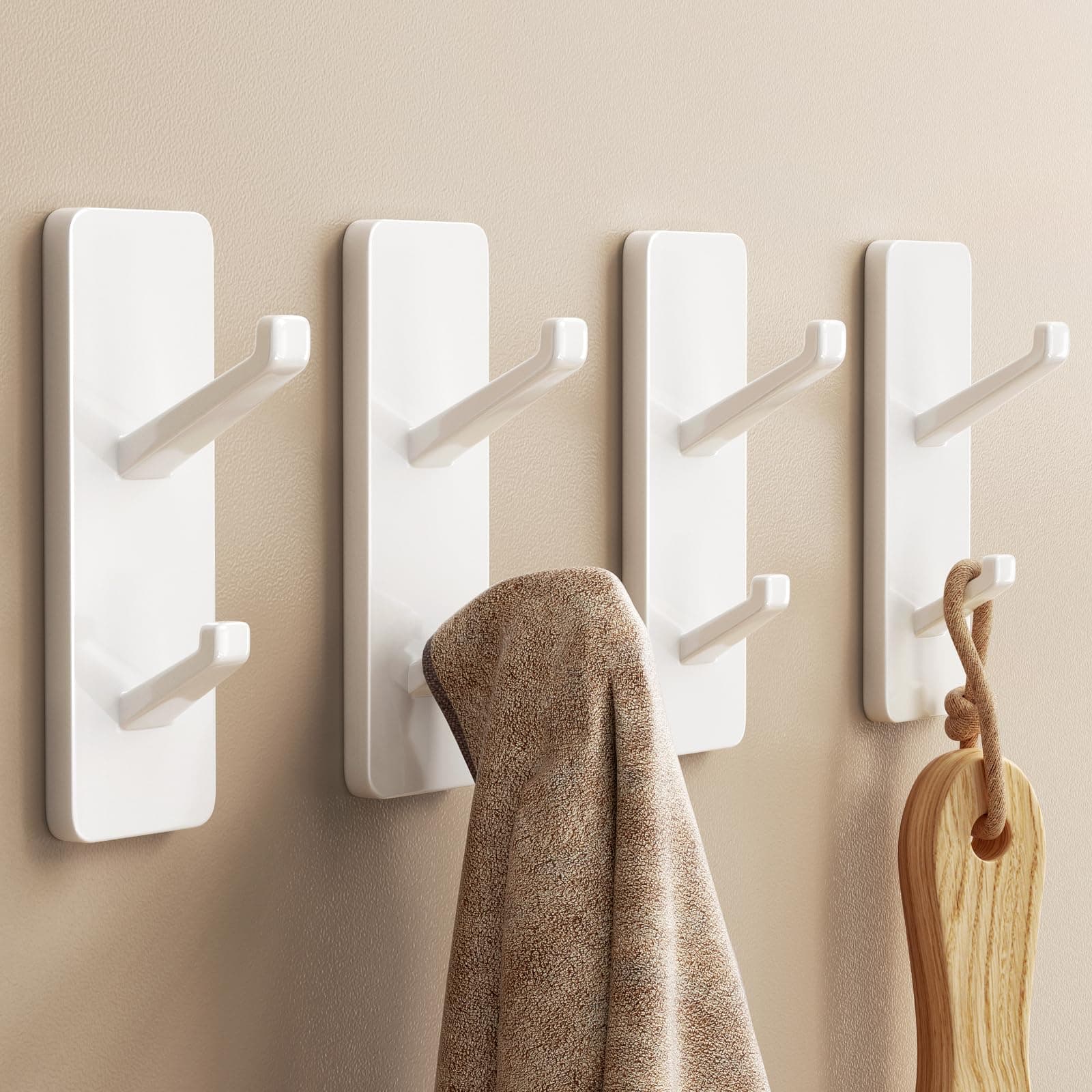 White Self Adhesive Hooks for Hanging - Stick on Hook Heavy Duty Safely Holds 6kg, Metal Wall Hanger for Coats, Towel, Purse, Hat, Keys - for Door, Dorm, Bathroom, Kitchen, Shower, Closet, 4 Pack