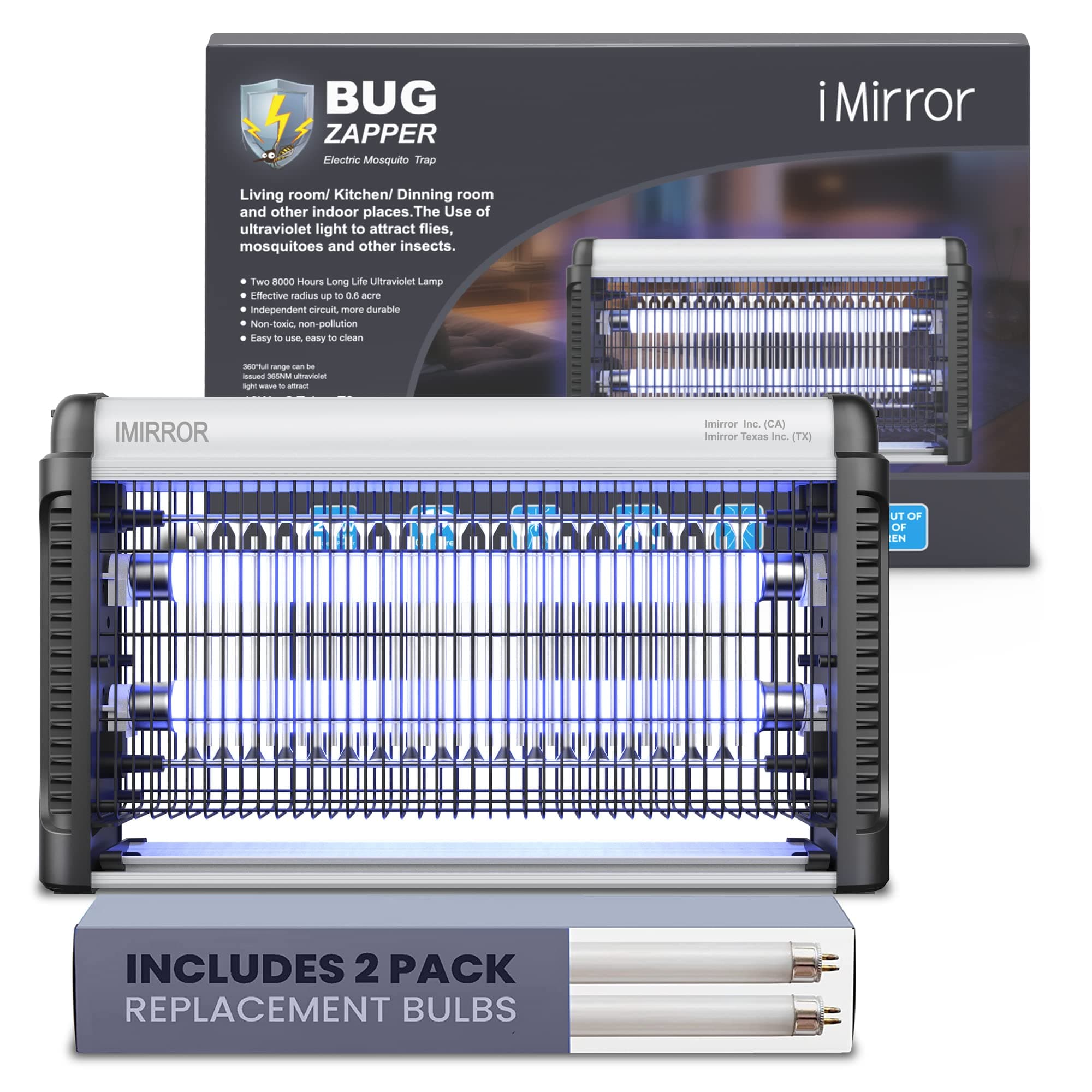 Electric Bug Zapper, Indoor Insect Zapper, Fly Mosquito Zapper for Dining Room, Restroom, Garage, Include 2 Replacement Bulb, Easy to Clean, with Electric Circuit Protection (1 Pack)