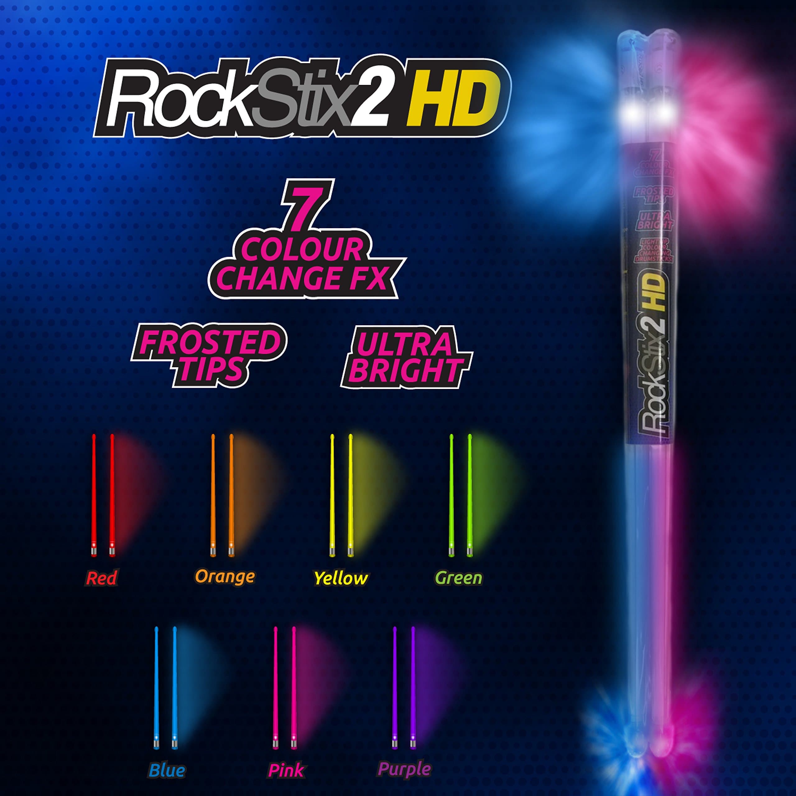 Pair of ROCKSTIX 2 HD: BRIGHT LIGHT UP MULTI COLOUR CHANGE LED DRUMSTICKS, 7 Amazing Colour effects, Set your gig on fire!