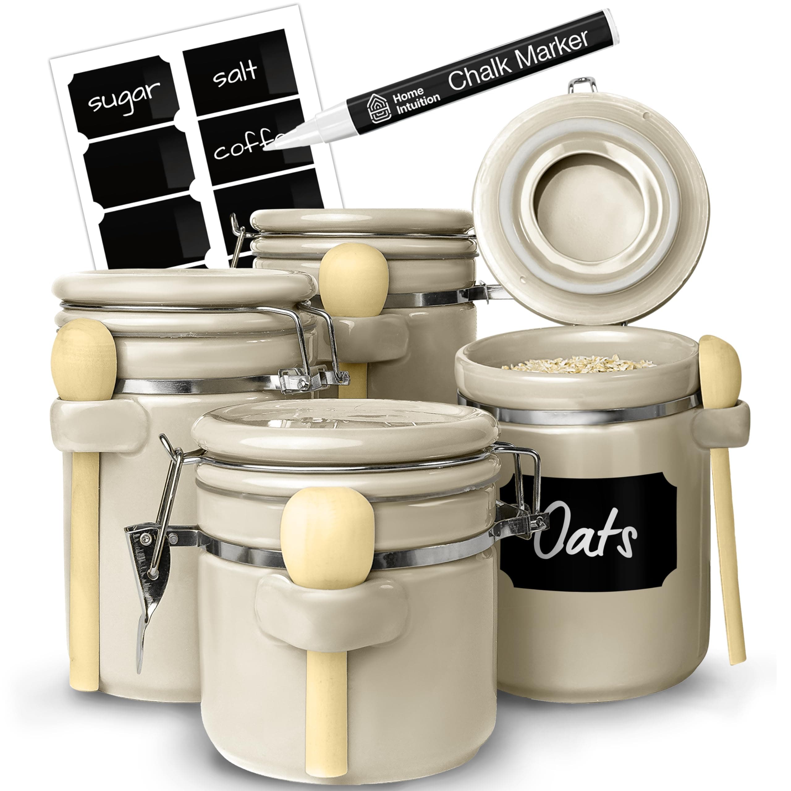 Home Intuition 4-Piece Ceramic Kitchen Canisters Set, Airtight Containers with Wooden Spoons Reusable Chalk Labels and Marker for Sugar, Coffee, Flour, Tea (Off White)