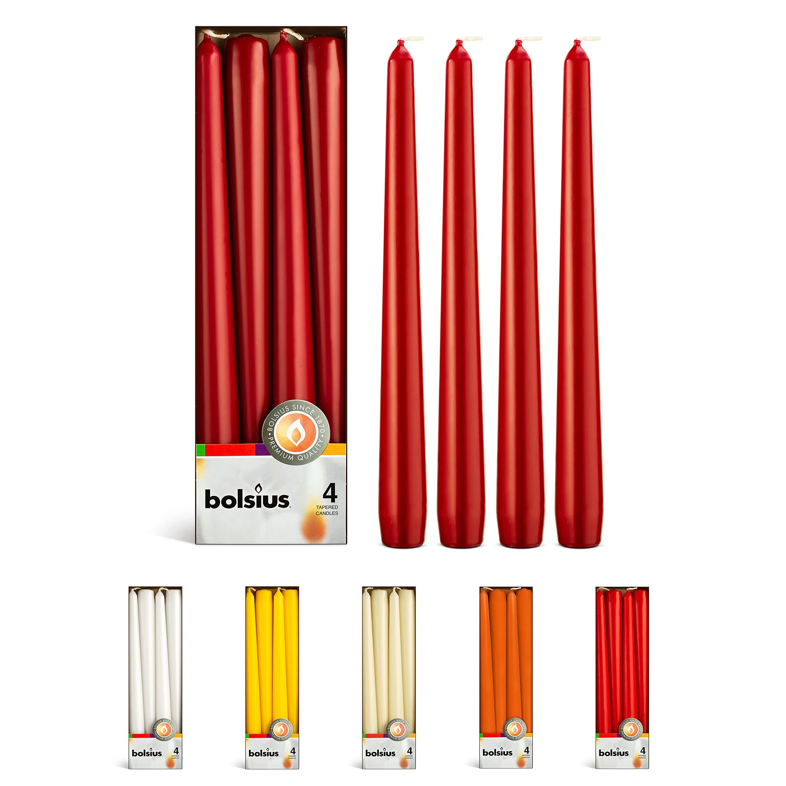 BOLSIUS Dark Red Taper Candles - 4 Pack Unscented 10 Inch Dinner Candle Set - 8 Hours Burn Time - Premium European Quality - Smokeless and Dripless Household Wedding, Spa, and Home Decor Candlesticks