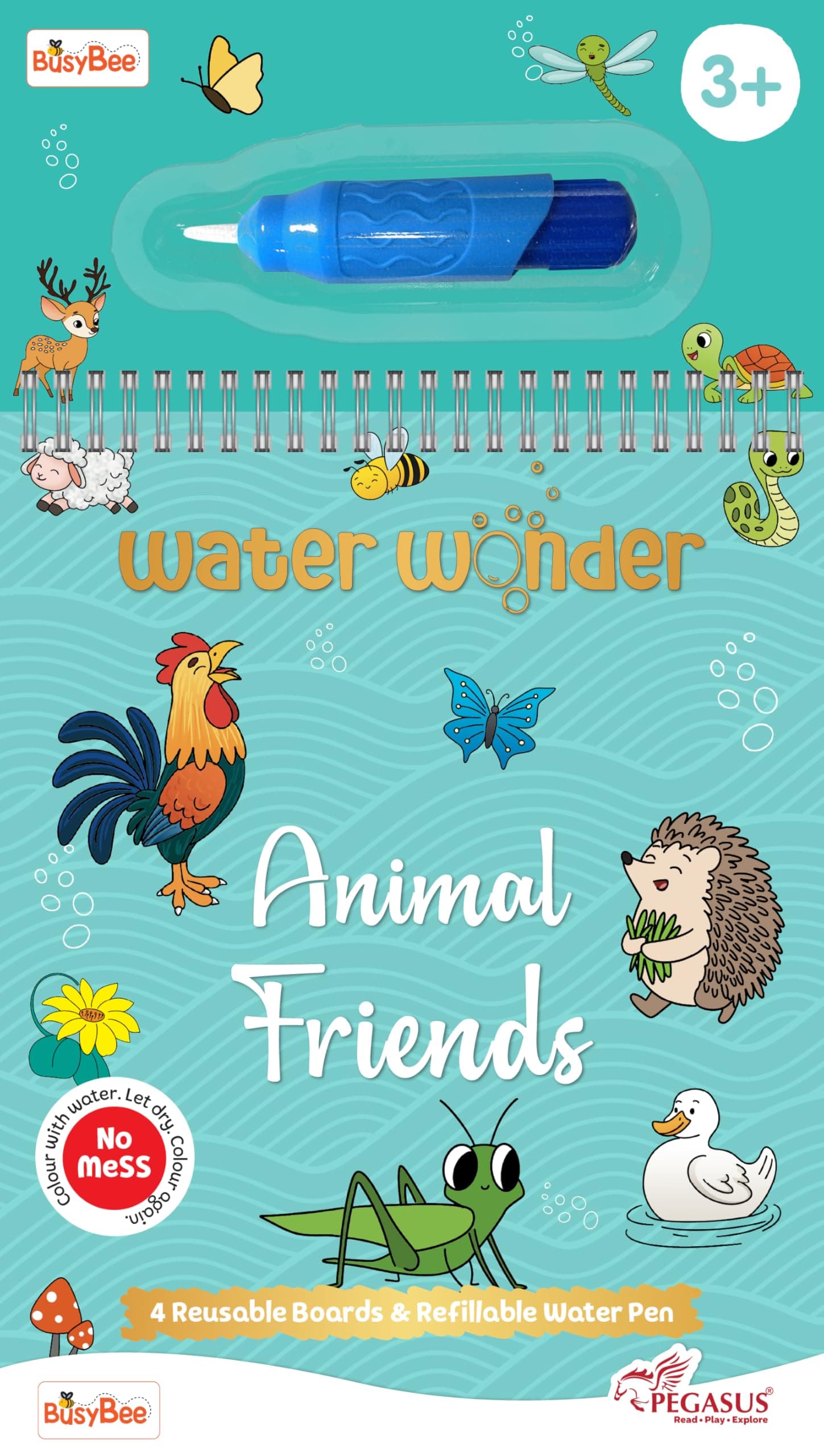 Reusable Magic Water Coloring Book For Kids, Educational Fun Time for Kids, Mess-Free Art with Quick Dry Technology (Animals Theme | 4 Reusable Coloring & Activity Boards | 1 Refillable Water Pen)