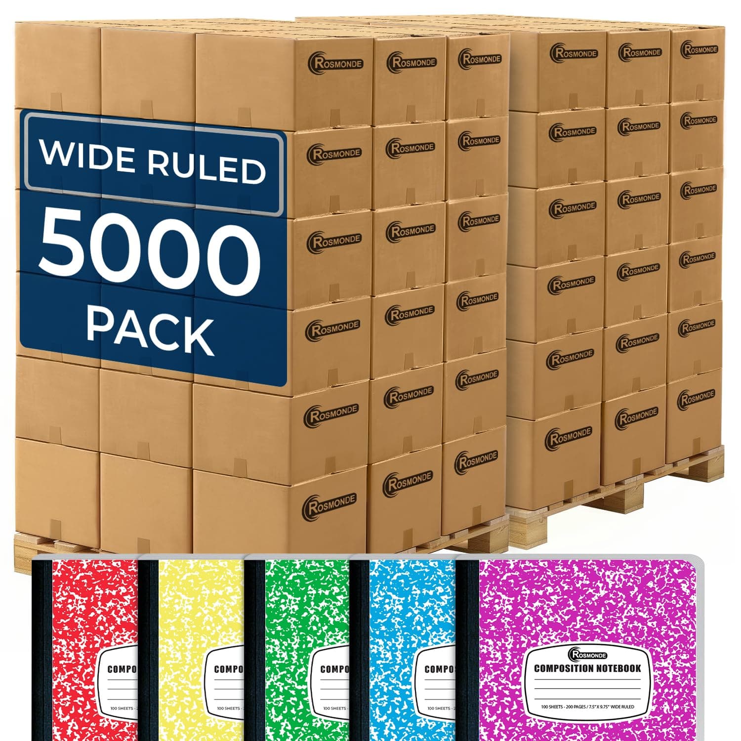 Rosmonde 5000 Pack (Pallet) Composition Notebooks Bulk, Wide Ruled, 100 Sheets (200 Pages), 9-3/4 x 7-1/2, Wholesale Orders, Bulk Supplies for School Districts, Assorted Notebooks, 4-7 Days Transit