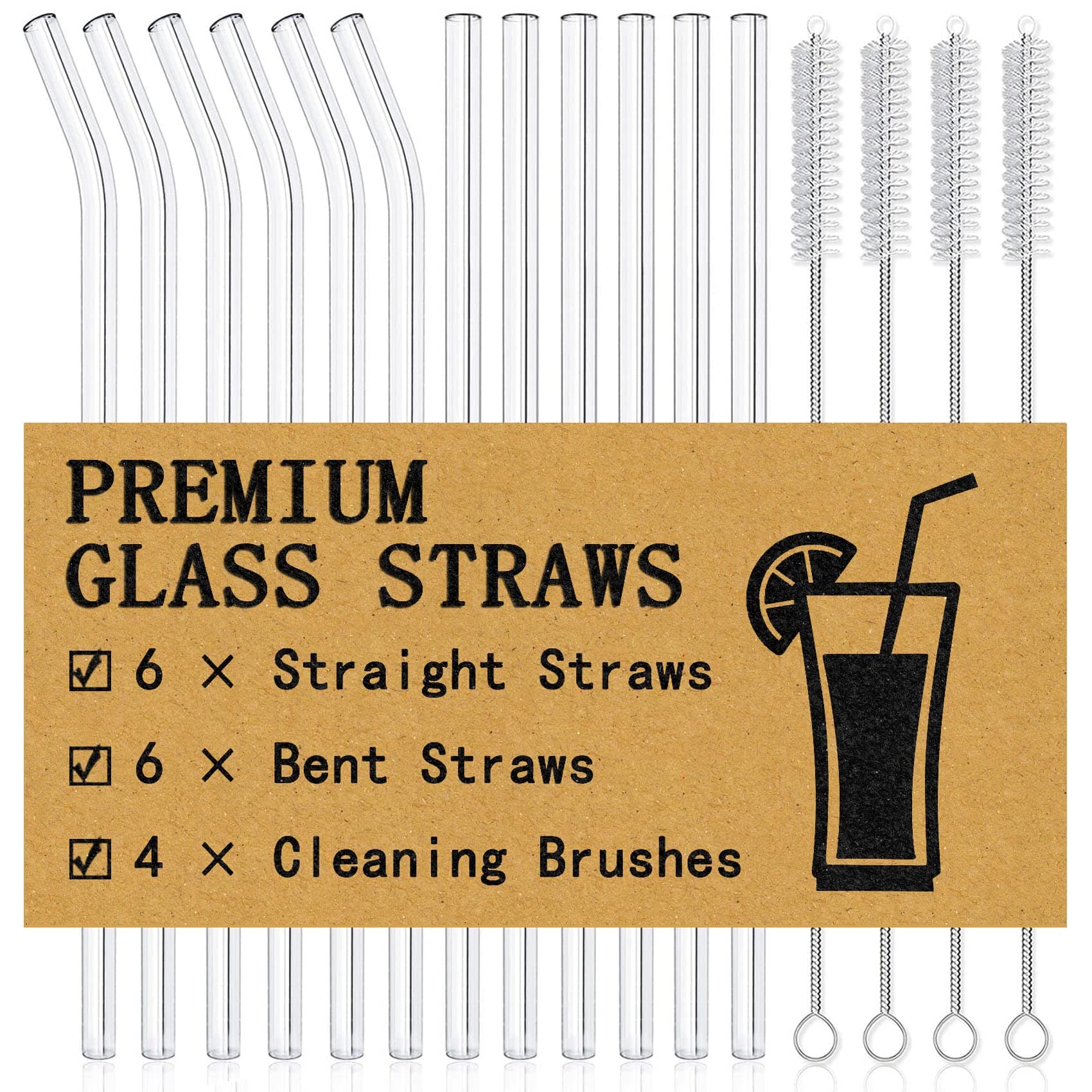 16-Pack Reusable Glass Straws, Clear Glass Drinking Straws, 8.5''x10MM, Set of 6 Straight and 6 Bent with 4 Cleaning Brushes, Perfect for Smoothies, Milkshakes, Juice, Tea