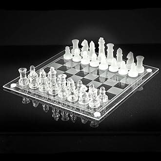 Large 25cm Traditional Chess Glass Board Game 32 Pieces Set Frosted & Clear Gift Boxed