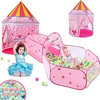 3pc Princess Fairy Tale Kids Play Tent, Cube Crawl Tunnel, Ball Pit for Toddlers, Indoor Outdoor Playhouse Castle Toys, Baby Boys Girls for 3 4 5 6 7 Years Old (Balls Not Included)