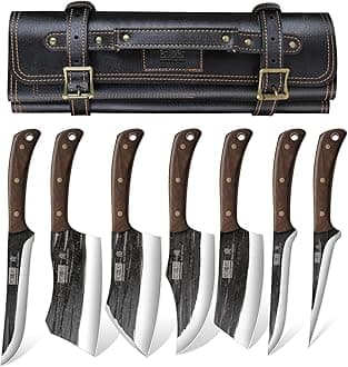 HOSHANHO Butcher Knife Set, Hand Forged Butcher Chef Knife Set with Roll Bag, Sharp Meat Cleaver Knife & Bone Chopper Knives & Fillet Knives for Home & Camping & BBQ Gift with Men