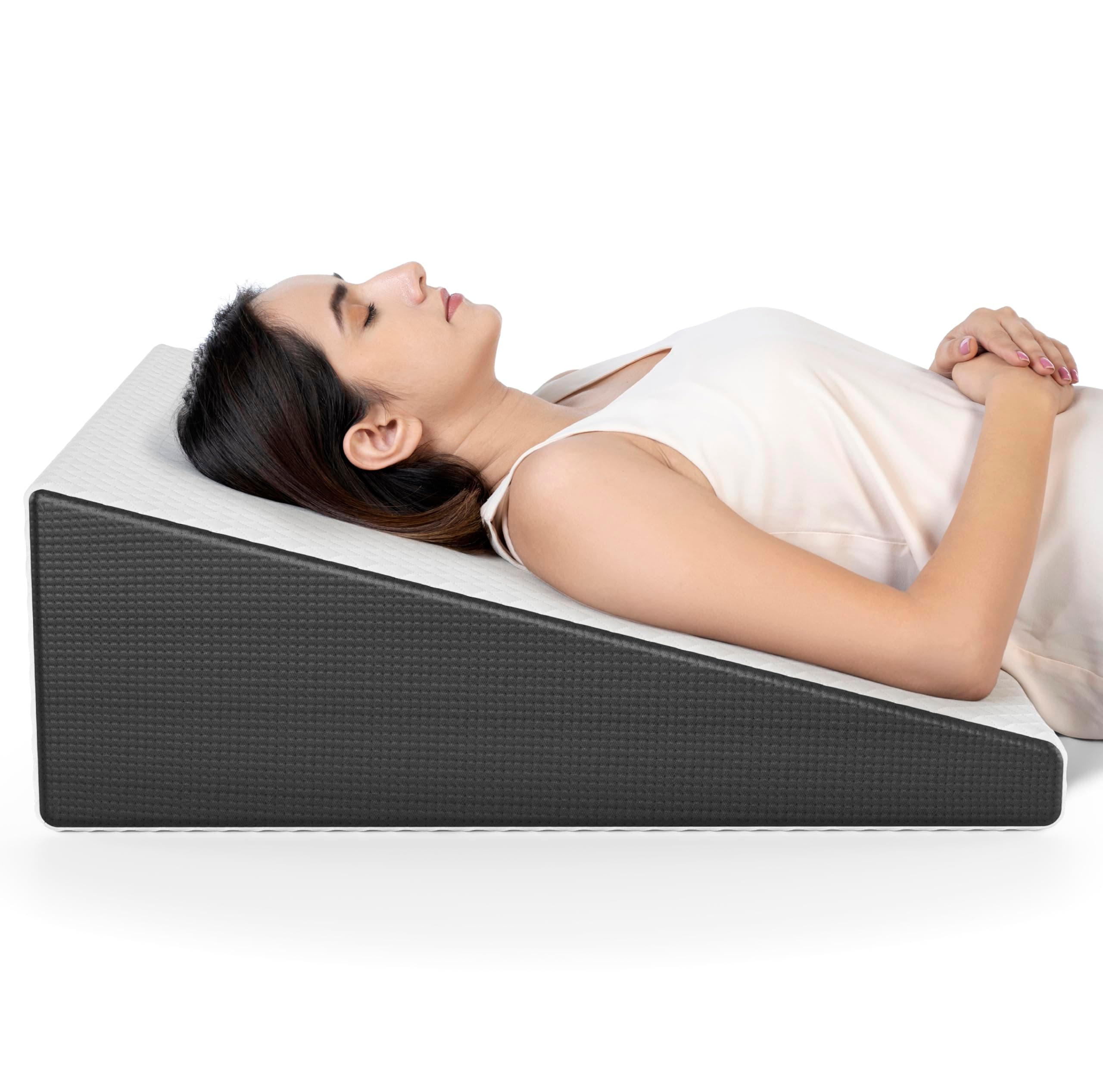 FOVERA Bed Wedge Pillow with Memory Foam, Back Support Cushion for Acid Reflux, GERD, Snoring, Post Surgery, Pregnancy and Relaxing in Bed (White Bamboo, Large 7" Height)