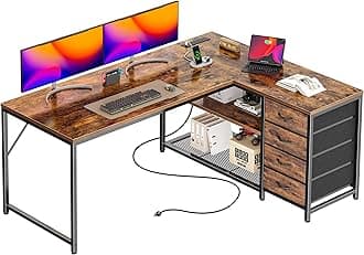 PRAISUN 53" L Shaped Desk with Power Outlets and USB-C Port, Reversible Computer Corner Office Desk with 4 Fabric Drawers and 2 Height-Adjustable Shelves, Large for Gaming Writing Study, Rustic Brown