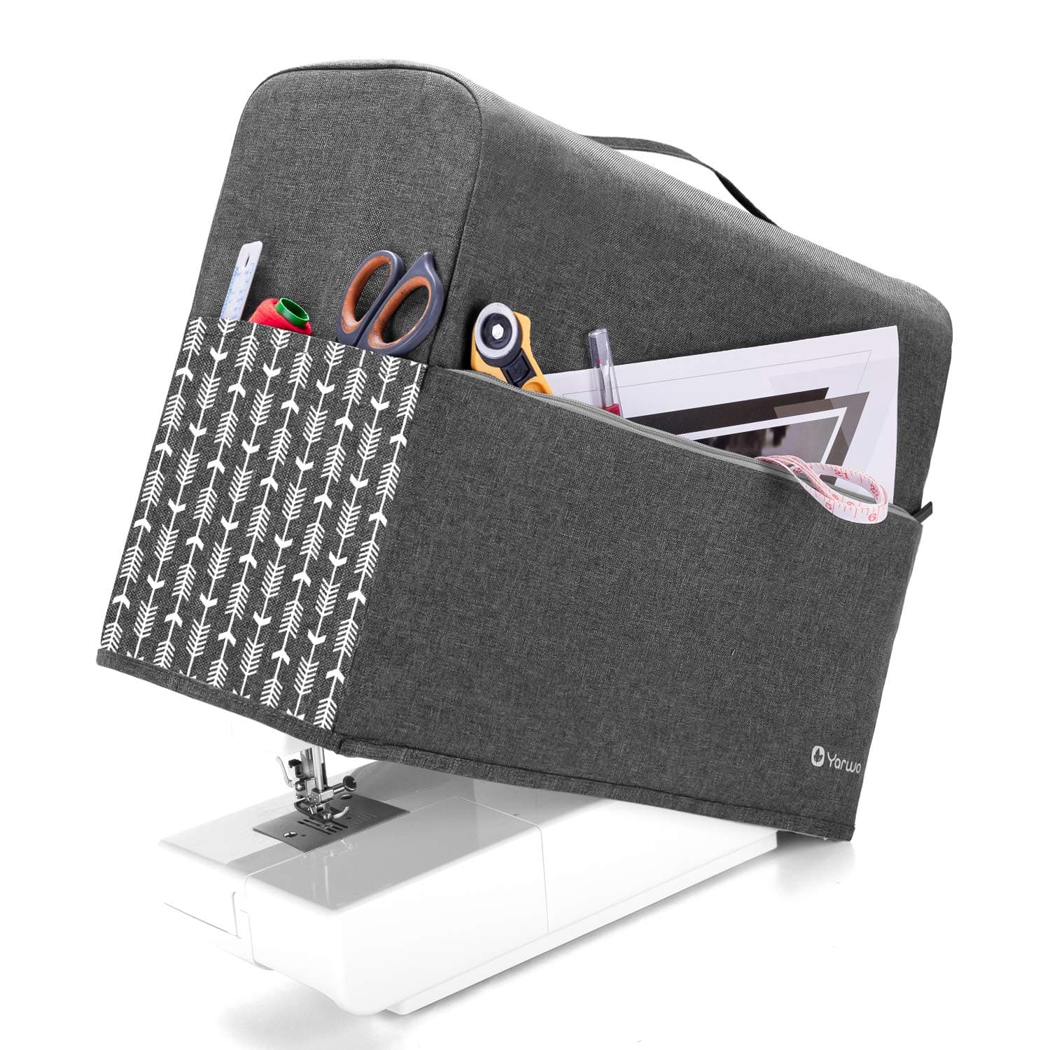 Yarwo Sewing Machine Dust Cover with Top Handle and Pockets Compatible with Brother, Singer and Most Standard Sewing Machine, Gray with Arrow