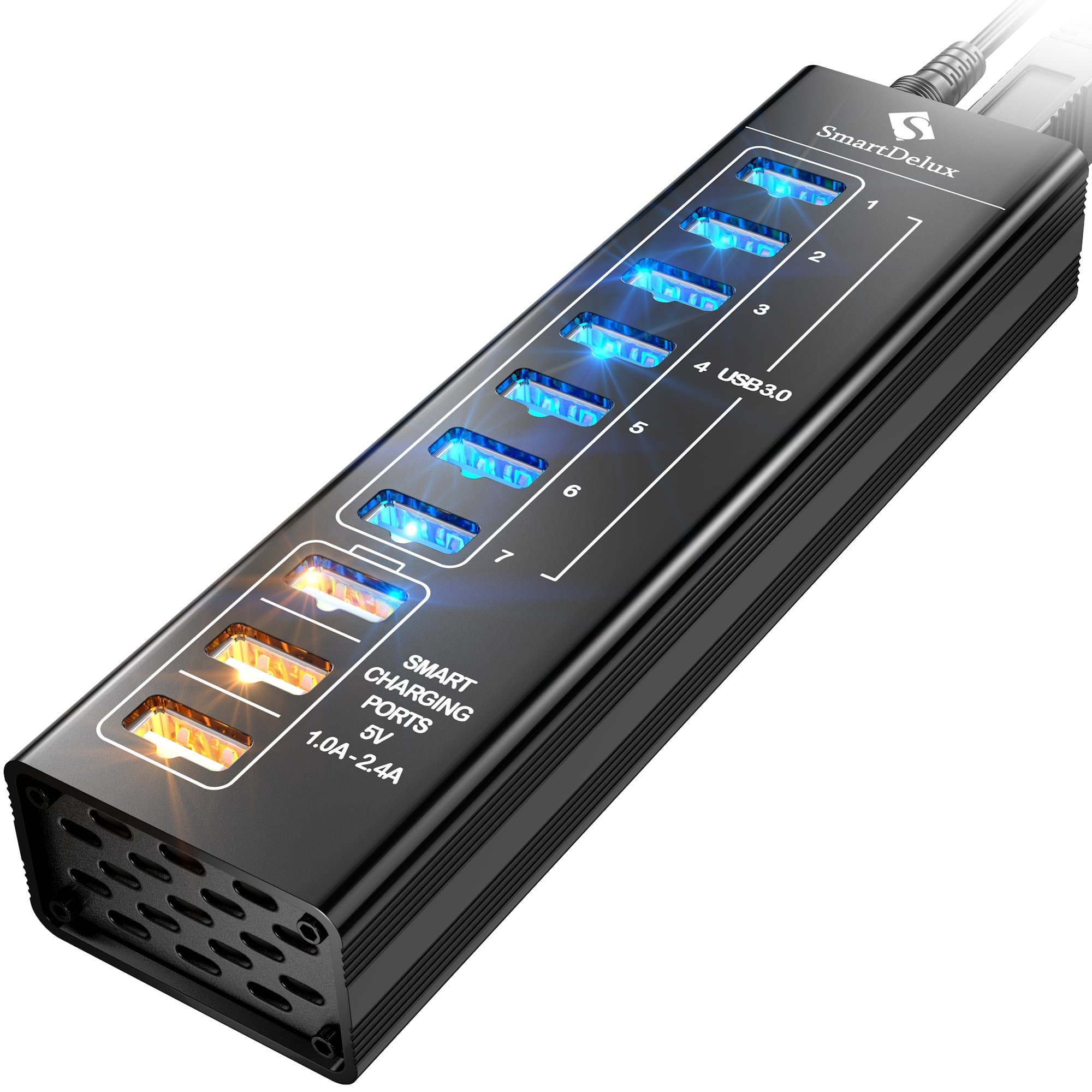 SmartDelux Powered USB Hub - 10-Port USB 3.0 Hub with 7 USB 3.0 Ports, 3 Smart Charging Ports, Power Adapter, Long Cord, LEDs - Black Aluminum