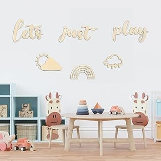 Let's Just Play Walls Decor Set Rainbow Sunshine Wooden Sign Playroom Art Decoration Nursery Wall Plaques for Kids Baby Boys Girls Toy Room Bedroom Classroom Living Room