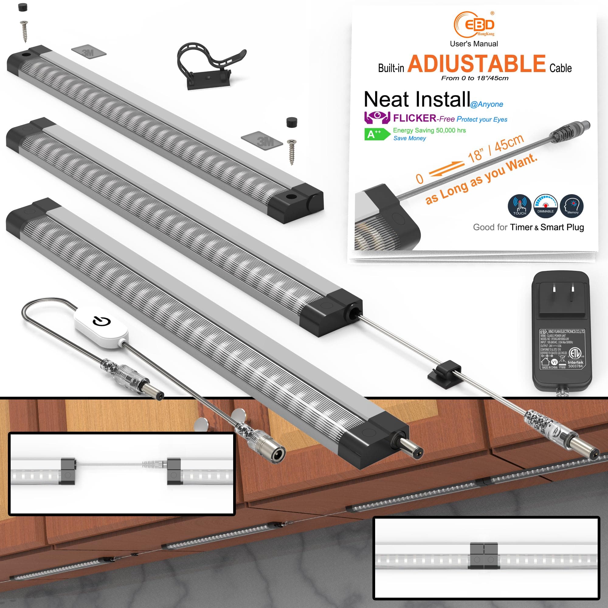 EBDLED Light Bar Built-in Adjustable Cable 3 Pcs Neat Install under counter lights for kitchen linkable work bench touch lights Plug in 1350 Lm 4500K Super Bright for Pantry Garage Shelves Shelf