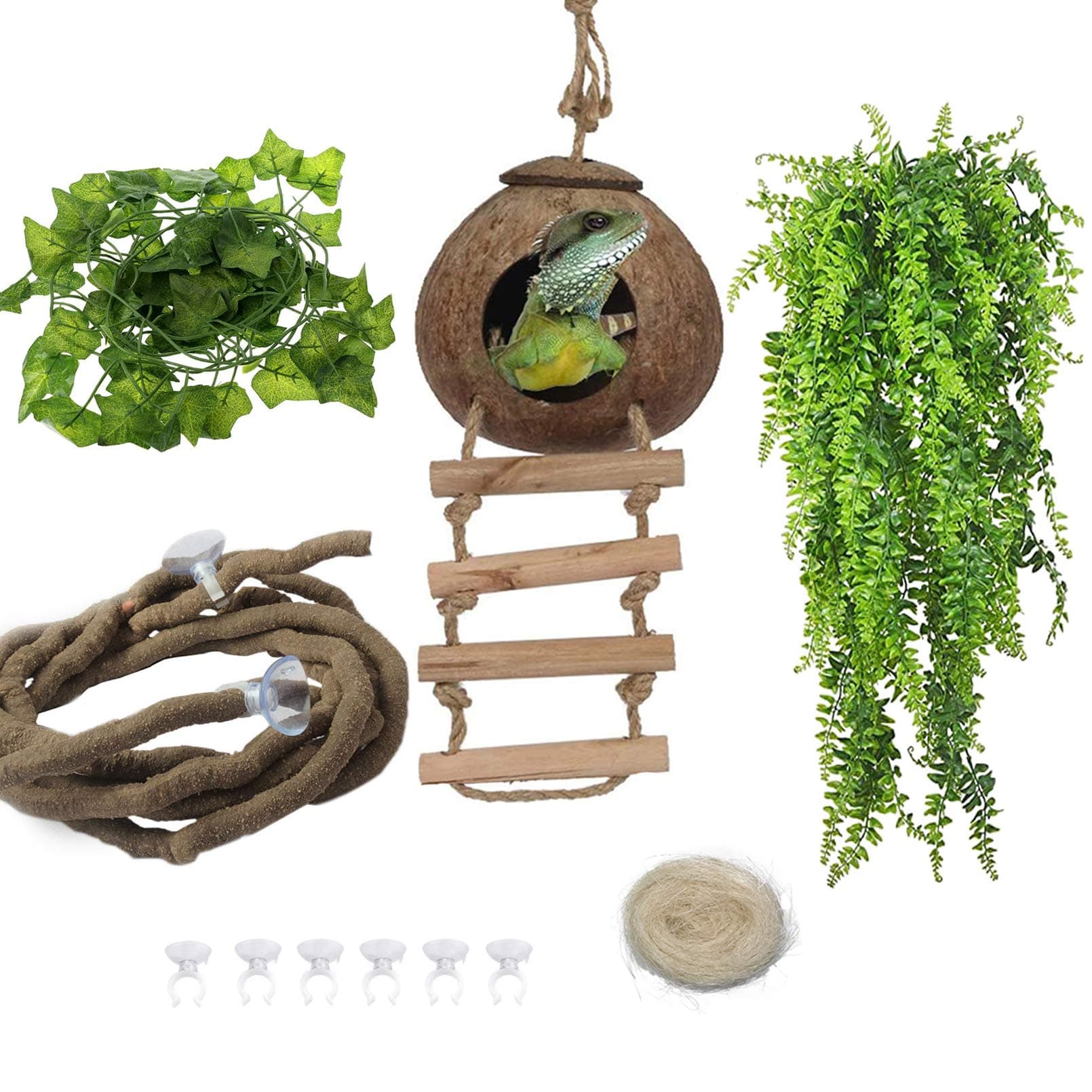 kathson5 PCS Lizard Coco Den with Ladder, Bearded Dragon Tank Accessories Gecko Coconut Husk Hut with Jungle Climber Vines with Suction Cups Habitat Décor