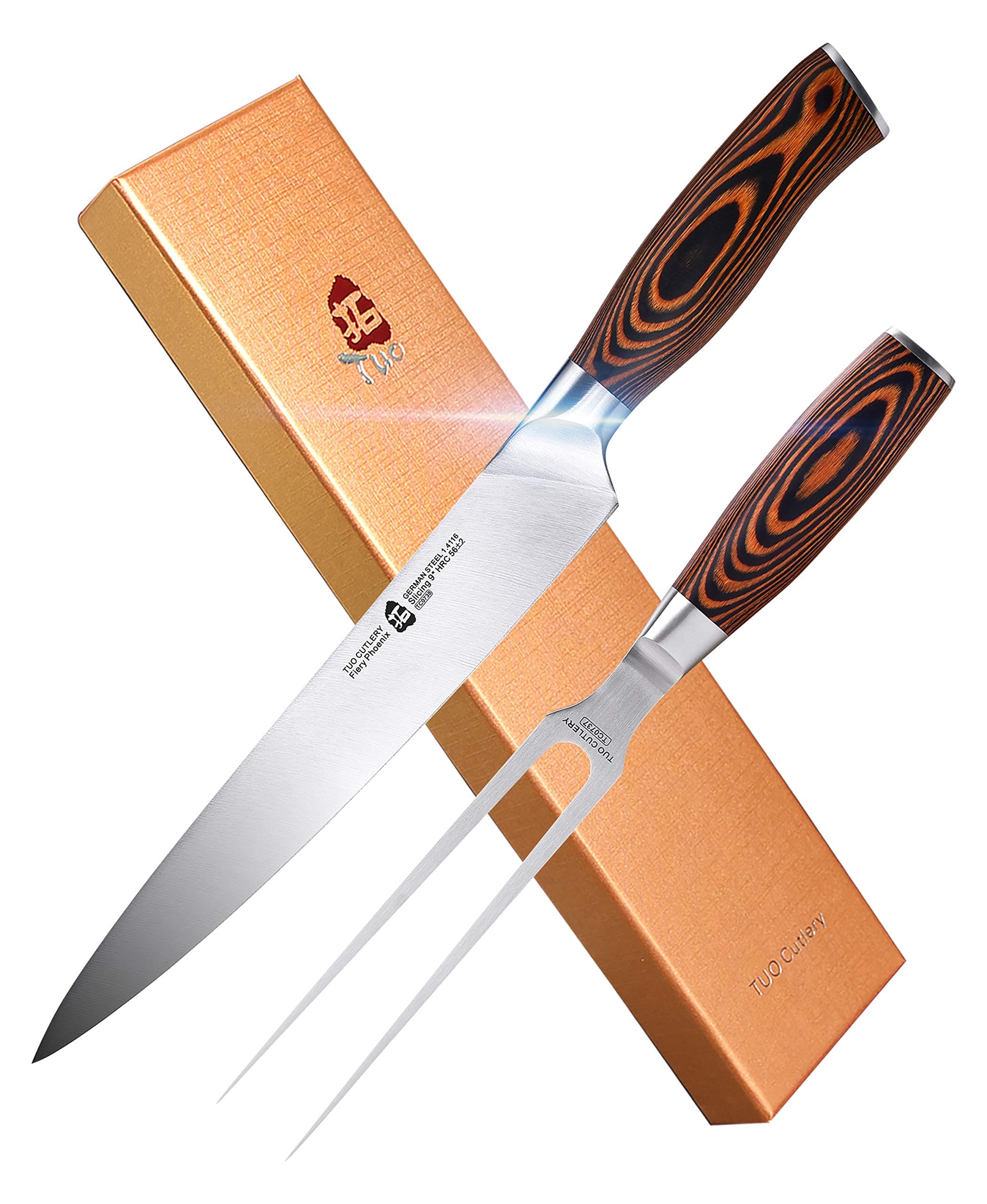 TUO Carving Set - 9" Carving Knife & 7" Fork - Professional 2 Pcs Meat Carving Knife Set - German Stainless Steel Slicing Set - Pakkawood Handle - Luxurious Gift Box Included - Fiery Phoenix Series