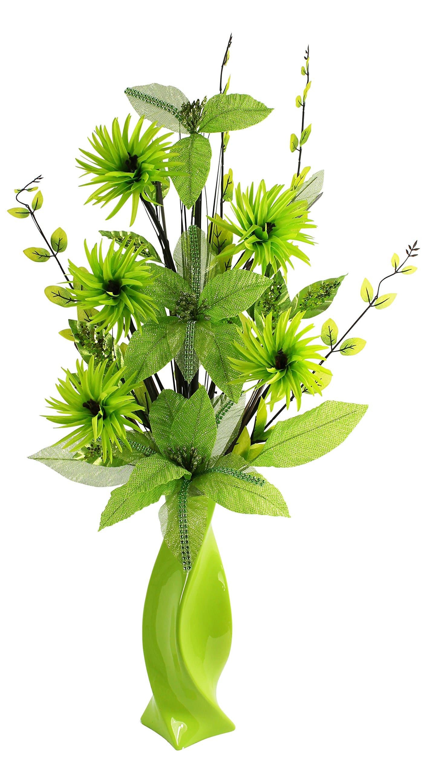 Flourish Lime Green Diamante Glitter Artificial Vase, Table Decorations, Home Accessories, Window Ornament, Living Room Flowers, Height 90cm, Fabric, 15 x 34 x 90 cm