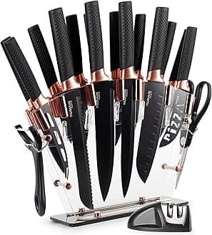 Professional Kitchen Knife Set with Block - Copper 17-Piece Knife Set with Steak Knives - Clear Acrylic Block High Carbon Stainless Steel Blades - with Knife Sharpener, Peeler and Scissors