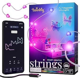 Twinkly Strings USB-C Hearts 100 LED, Heart Shaped LED Fairy Lights, RGB LED Lights, Multicoloured, Lights for Valentine's Day, Compatible with Alexa and Google Home, USB-C, Transparent Cable, 6 m