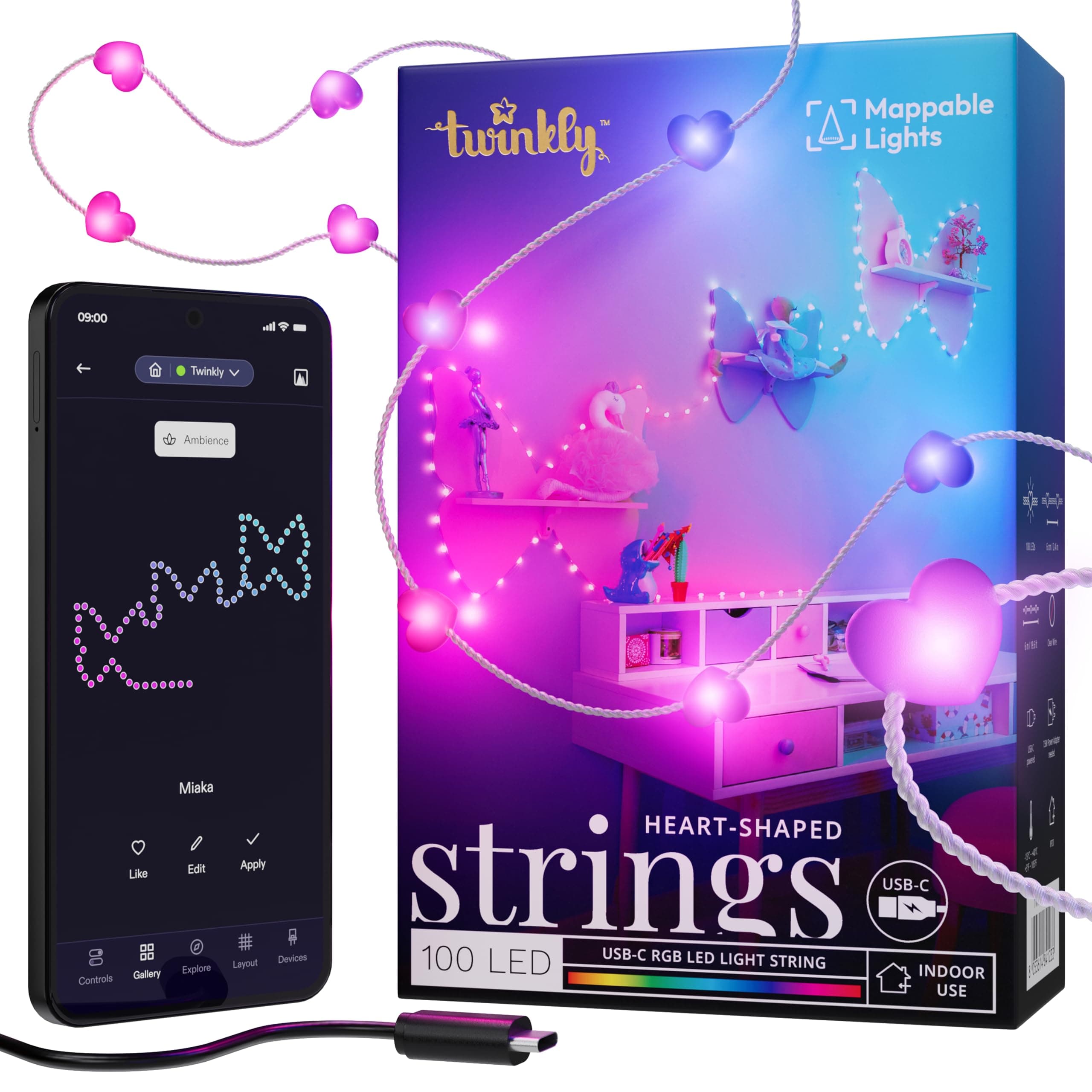 Twinkly Strings USB-C Hearts 100 LED, Heart Shaped LED Fairy Lights, RGB LED Lights, Multicoloured, Lights for Valentine's Day, Compatible with Alexa and Google Home, USB-C, Transparent Cable, 6 m