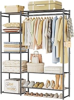 Neprock Clothes Rails for Bedroom, FreeStanding Open Wardrobe Closet with Hanging Rail, 4 Storage Shelves, 3 Hooks and 2 Bottom Shelves, Portable Metal Clothing Rack for Shoe and Clothes Storage,Black