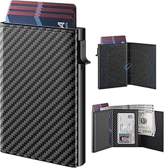 - Mens Wallet Card Holder: Pop Up Aluminum Case, Genuine Leather, Smart, RFID Blocking, Slim, Minimalist, Front Pocket - 9-14 Card Capacity | ID Window | Cash Slot (Carbon Fiber)