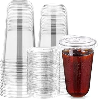 50 Sets Disposable Stemless Glasses With Strawless Sip Lids,PET Drinking Cups,Clear Plastic Coffee Cups for Iced Coffee, Smoothie, Cold Beverage, Drink Shop and Christmas Party Supply (Clear, 20 oz)