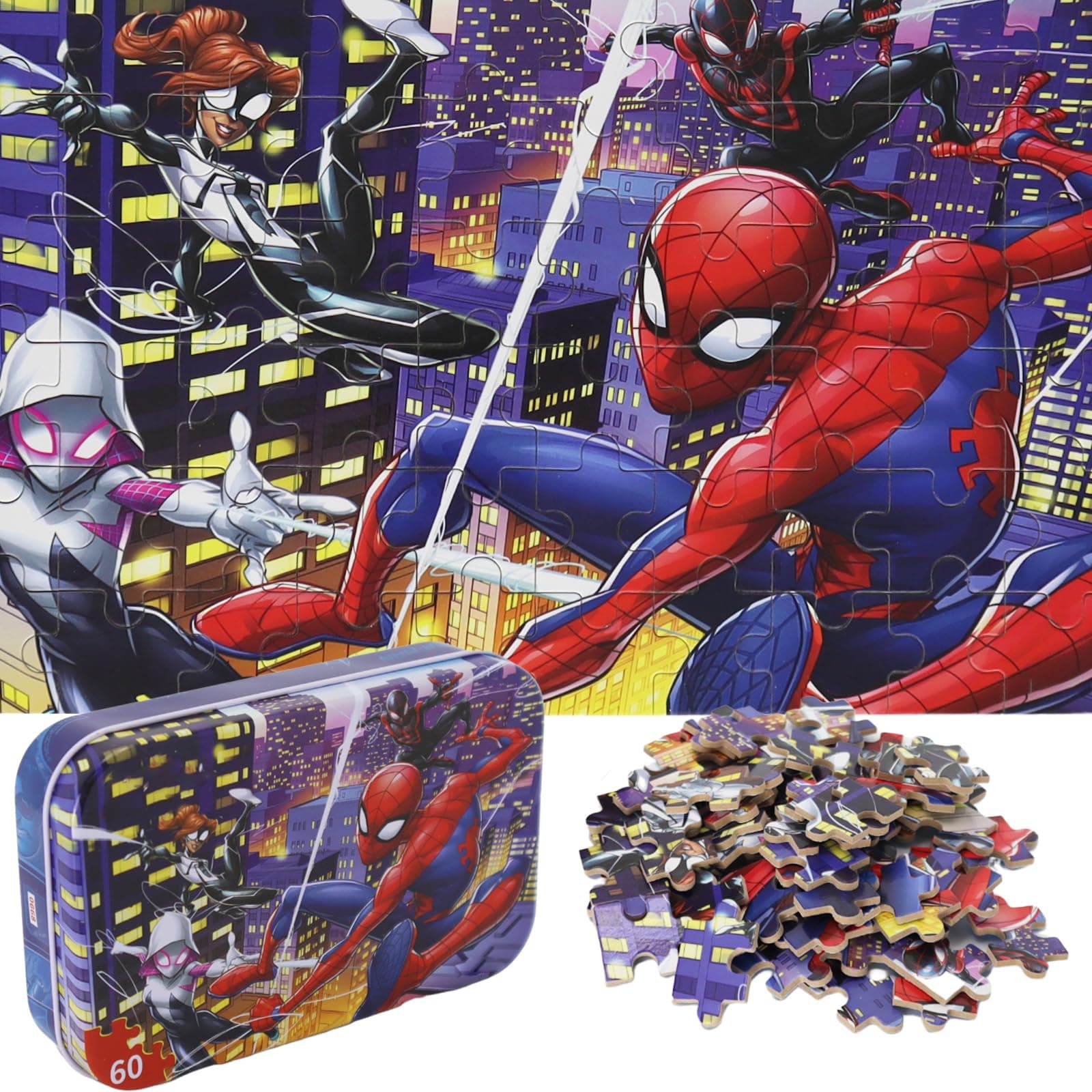 DPLEFO 60 Pieces Marvel Spiderman Jigsaw Puzzles for Kids Ages 4-8,Learning Educational Puzzles for Children Girls and Boys,Packed in Tin Box,Gift for Children (0668)