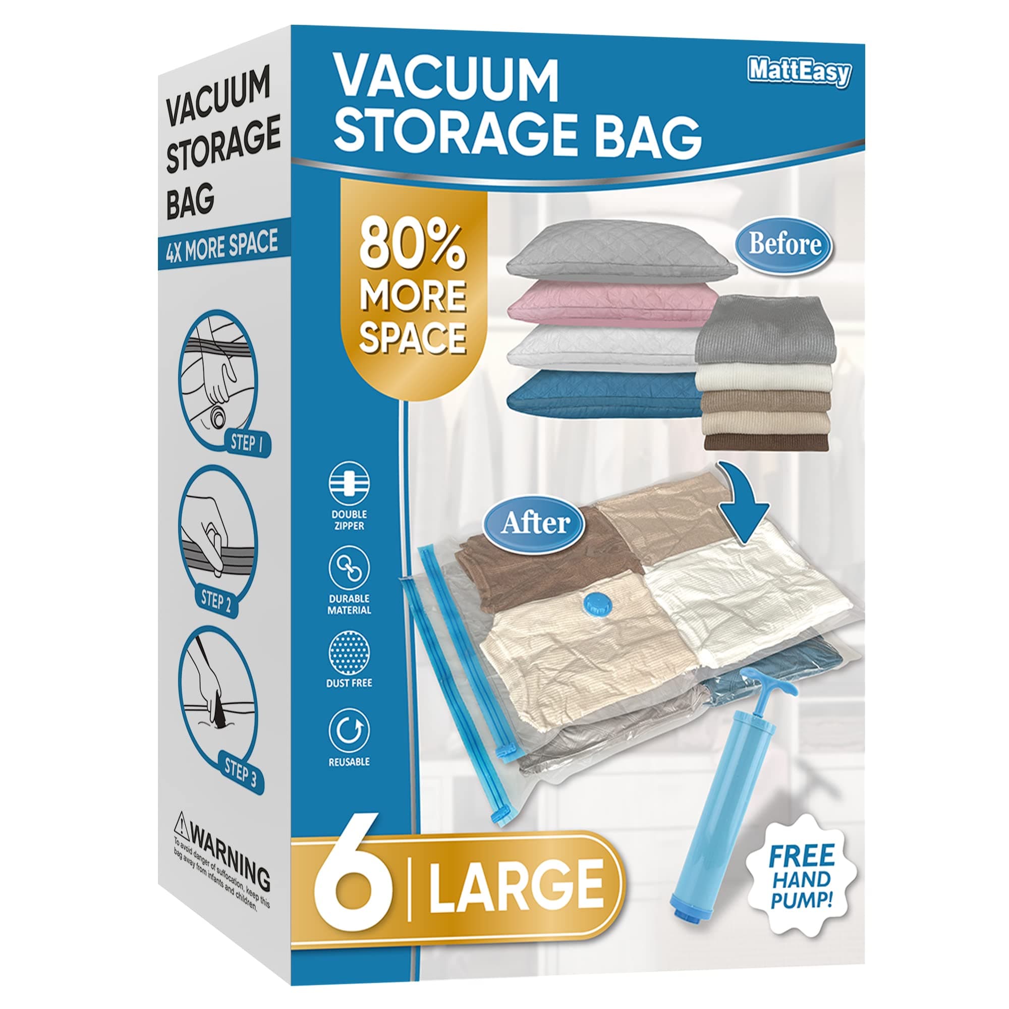 Space Saver Vacuum Storage Bags, 6 Pack Large Space Saver Bags with Pump, Storage Vacuum Sealed Bags for Clothes, Comforters, Blankets, Bedding (Large)