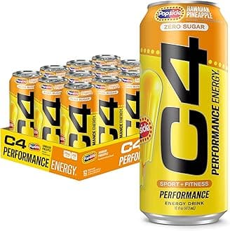 C4 Performance Energy Drink, Hawaiian Pineapple Popsicle, Zero Sugar Carbonated Preworkout Energy, 200mg Caffeine with Beta Alanine, 16 Fl Oz (12 Pack)