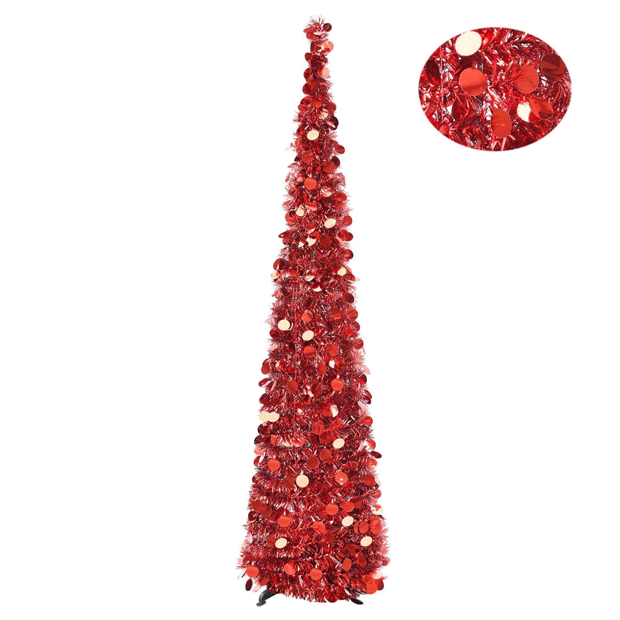 YUQI 5FT Artificial Pop Up Christmas Tinsel Trees with Plump Sequin Bling, Collapsible and Reusable Xmas Tree for Christmas Party,Next New Year,Wedding, Seasonal Home Décor & Party (RED)